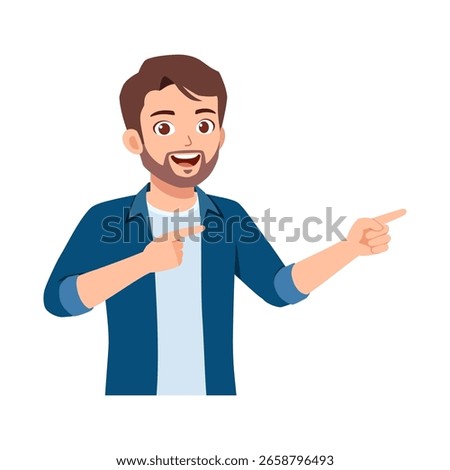 Smiling Caucasian man pointing with both hands wearing blue shirt illustration
