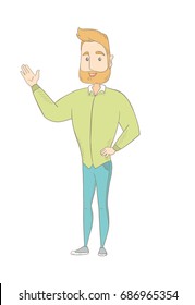 Hombre caucásico sonriente señalando algo a su mano. Hippie hipster con barba gesticulando por la mano. Ilustración de dibujos vectores aislados en fondo blanco.