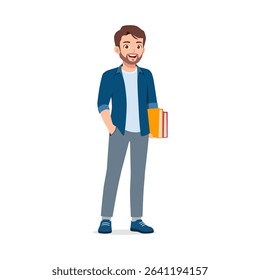 Smiling Caucasian man standing with books and hand in his pocket in casual clothing