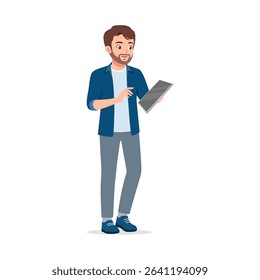Smiling Caucasian Man Standing Holding and Using Tablet, Wearing Blue Shirt and Gray Pants - Powered by Shutterstock - Get 15% off with code: PIKWIZARD15