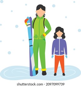 Smiling Caucasian mother and daughter holding ski poles Concept Vector Color Icon Design, Winter Season activity Scene Symbol, Wintertime Sign, Holiday Celebration in Snowy Park Stock Illustration