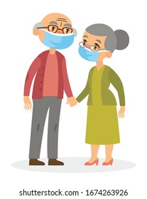 Smiling caucasian old couple  (grandparents) wearing protective medical face masks isolated on white background. 