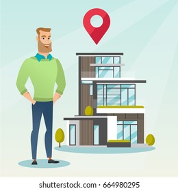Smiling caucasian real estate agent standing on the background of map pointer above the house. Hipster cheerful real estate agent offering the house. Vector flat design illustration. Square layout.