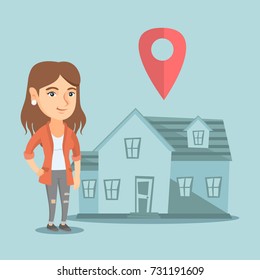 Smiling caucasian real estate agent standing on the background of house with map pointer. Young happy real estate agent offering the house. Vector cartoon illustration. Square layout.