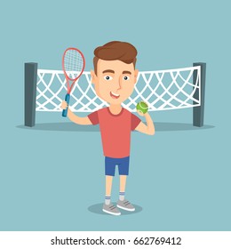Smiling caucasian sportsman standing on the background of tennis net. Young tennis player holding a racket and a ball. Cheerful man playing tennis. Vector flat design illustration. Square layout.
