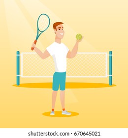 Smiling caucasian sportsman standing on the background of tennis net. Young tennis player holding a racket and a ball. Cheerful man playing tennis. Vector flat design illustration. Square layout.