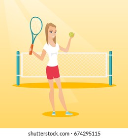 Smiling caucasian sportswoman standing on the background of tennis net. Young tennis player holding a racket and a ball. Cheerful woman playing tennis. Vector flat design illustration. Square layout.