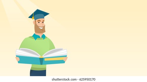 Smiling caucasian student in graduation cap reading book. Graduate standing with a big open book in hands. Man holding a book. Concept of education. Vector flat design illustration. Horizontal layout.