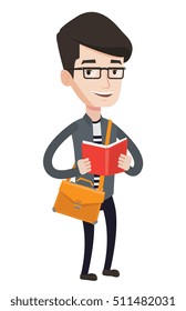 Smiling caucasian student reading a book. Cheerful male student reading a book and preparing for exam. Student standing with book in hands. Vector flat design illustration isolated on white background