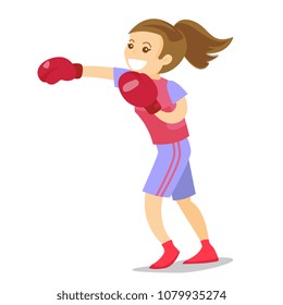 Smiling caucasian white boxer in red boxing gloves training during fitness workout. Female boxer exercising in boxing gloves. Vector cartoon illustration isolated on white background. Square layout.