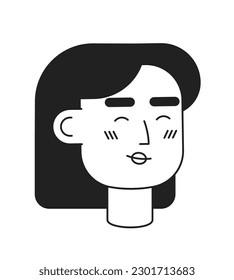 Smiling caucasian woman with black hair monochrome flat linear character head. Excited lady. Editable outline hand drawn human face icon. 2D cartoon spot vector avatar illustration for animation