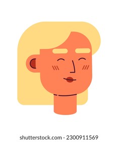 Mujer caucásica sonriente con el pelo rubio semi-plana de la cabeza del personaje vector. Señora emocionada. Icono de avatar de caricatura editable. Enfrentar la emoción. Ilustración de puntos coloridos para diseño gráfico web, animación