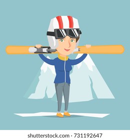 Smiling caucasian woman carrying skis on her shoulders. Sportswoman holdong skis on the background of snow capped mountain. Young sportswoman skiing. Vector cartoon illustration. Square layout.