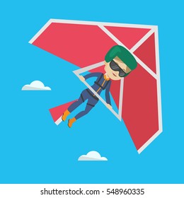 Smiling Caucasian Woman Flying On Hang-glider. Sportswoman Taking Part In Hang Gliding Competitions. Woman Having Fun While Gliding On Delta-plane. Vector Flat Design Illustration. Square Layout.