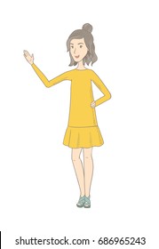 Smiling caucasian woman pointing at something by her hand. Hippie woman gesticulating by her hand. Vector sketch cartoon illustration isolated on white background.