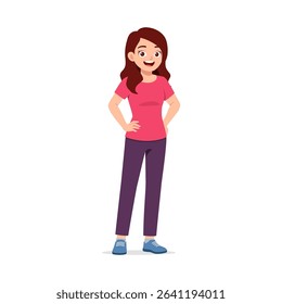 Smiling Caucasian Woman Standing with Hands on Hips in Casual Clothes, Relaxed and Confident