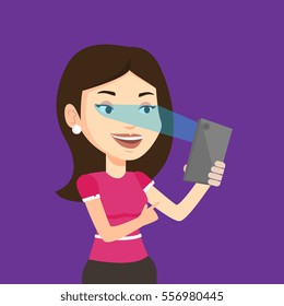Smiling caucasian woman using smart mobile phone with retina scanner. Young happy woman using iris scanner to unlock her mobile phone. Vector flat design illustration. Square layout.