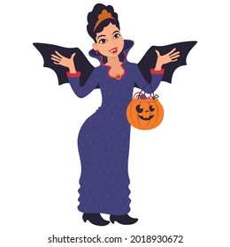 A smiling caucasian woman in a vampire costume holding a carved halloween pumpkin bucket full of candy. Trick or treat tradition. Flat style vector illustration.