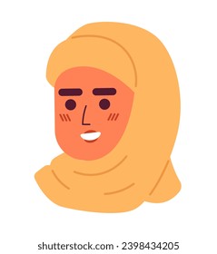 Smiling caucasian woman wearing hijab 2D vector avatar illustration. Islamic veiled female cartoon character face portrait. Headscarf girl flat color user profile image isolated on white background