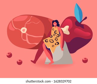 Smiling Cave Woman Wearing Animal Skin Sit on Rock with Huge Meat and Apple Lying beside. Paleo Diet Nutrition, Healthy Eating of Ancient People Concept, Food Science. Cartoon Flat Vector Illustration