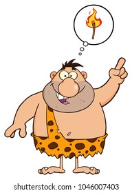 Smiling Caveman Cartoon Character With A Big Idea And Speech Bubble. Vector Illustration Isolated On White Background 