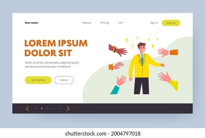 Smiling celebrity greeting people and waving hands. Star, fan, famous person flat vector illustration. Fame, popularity and crowd concept for banner, website design or landing web page