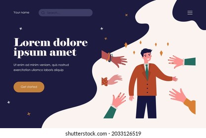 Smiling celebrity greeting people and waving hands. Star, fan, famous person flat vector illustration. Fame, popularity and crowd concept for banner, website design or landing web page