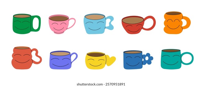 Smiling ceramic coffee cups illustration with cheerful faces. Set of cute mugs for fun kitchen decor or coffee-themed designs. Perfect for adding warmth and happiness to creative projects or prints.