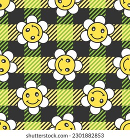 Smiling chamomiles vector seamless pattern. Best for textile, wallpapers, home decoration, wrapping paper, package and web design.