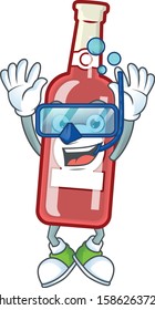 Smiling champagne red bottle cartoon character style wearing Diving glasses