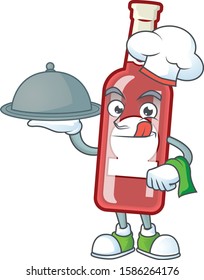 smiling champagne red bottle as a Chef with food cartoon style design