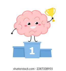 Smiling champion cartoon brain with golden winner cup stands on the first place of podium. Vector flat illustration isolated on white background 