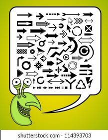 Smiling character with big set of various arrows.