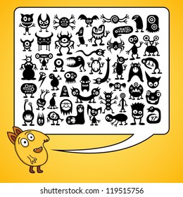 Smiling character with big set of various funny monsters.