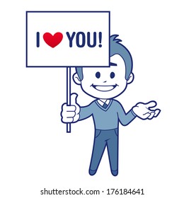 Smiling character with billboard for Valentine's day