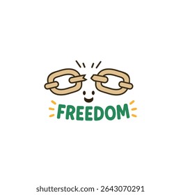 Smiling character with broken chain links and bold FREEDOM text, ideal for Juneteenth posters, anti-slavery education, and uplifting freedom messages