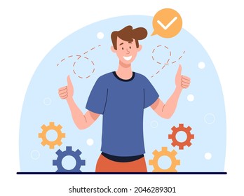Smiling character concept. Happy man shows thumbs up gesture. Positive emotions of winner. Person in everyday clothes enjoys life. Cartoon flat vector illustration isolated on white background