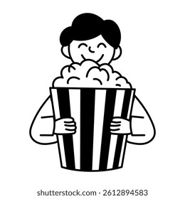 Smiling character enjoying popcorn, doodle style illustration