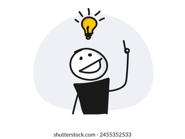 Smiling character having an idea with lightbulb above head and index finger pointing up. Vector illustration