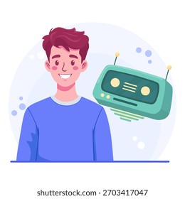 Personaje sonriente interactuando con la Tecnología de asistente de IA retro-futurista