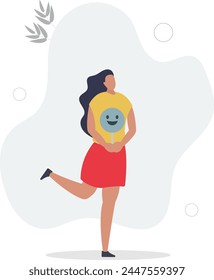 Smiling character making an approving gesture. Vector illustration of positive feedback.flat vector illustration.woman character with icon