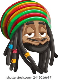 Smiling character with Rastafarian hat and dreadlocks.