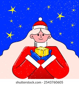 Smiling character in Santa attire holding gift, spreading joy and festive warmth against starry night background. Creative colorful illustration. Winter season, Christmas and New Year, warmth concept