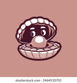 A smiling character in a shell, resembling a pearl inside a clam with a brown background.