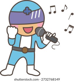 Personaje sonriente cantando en un micrófono durante la interpretación musical