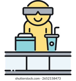 Lächelnder Charakter mit VR-Brille, Drink und Box auf Table Illus