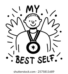 Smiling character wearing medal with text my best self, glyph sticker 