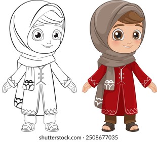 Smiling character wearing traditional clothing and headscarf