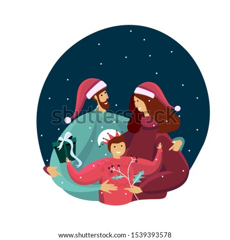 Smiling Characters Celebrating New Year and Xmas evening. Happy family hug each other together. Parents and child boy son anticipte holiday festivity rejoicing. Winter Season Flat Vector Illustration