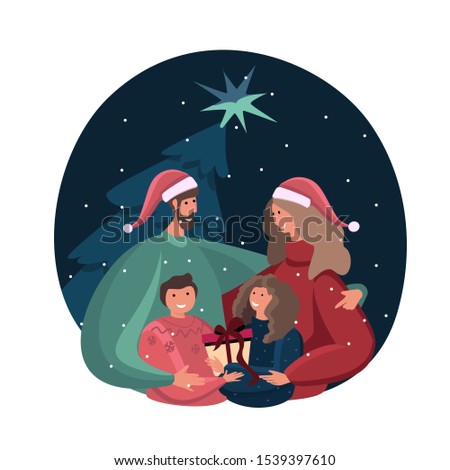 Smiling Characters Celebrating New Year and Xmas evening. Happy family together near Christmas Tree. Parents and children anticipte holiday festivity rejoicing. Winter Season. Flat Vector Illustration